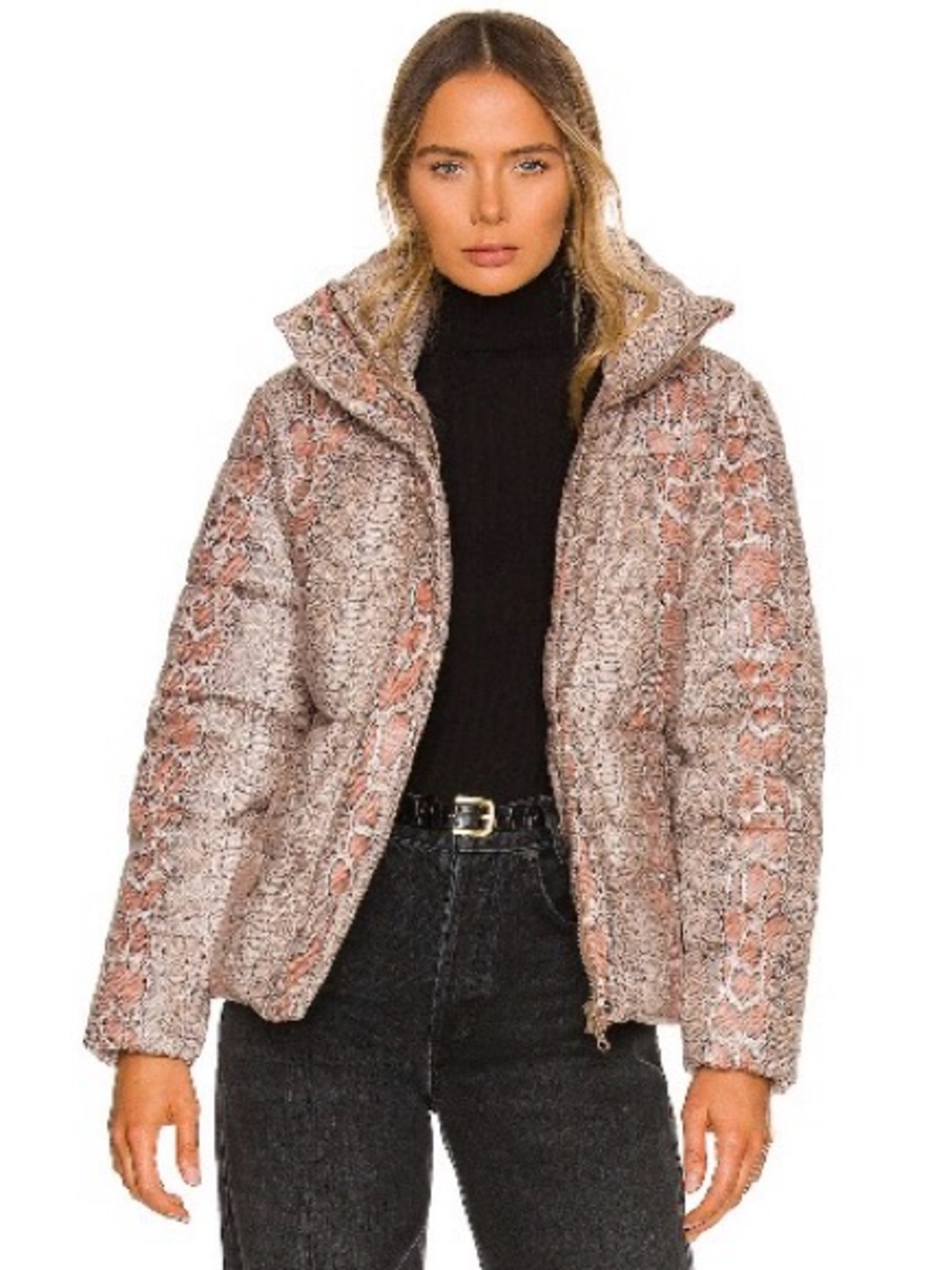 Unreal Fur Python Print Puffer Jacket - Pink Beige